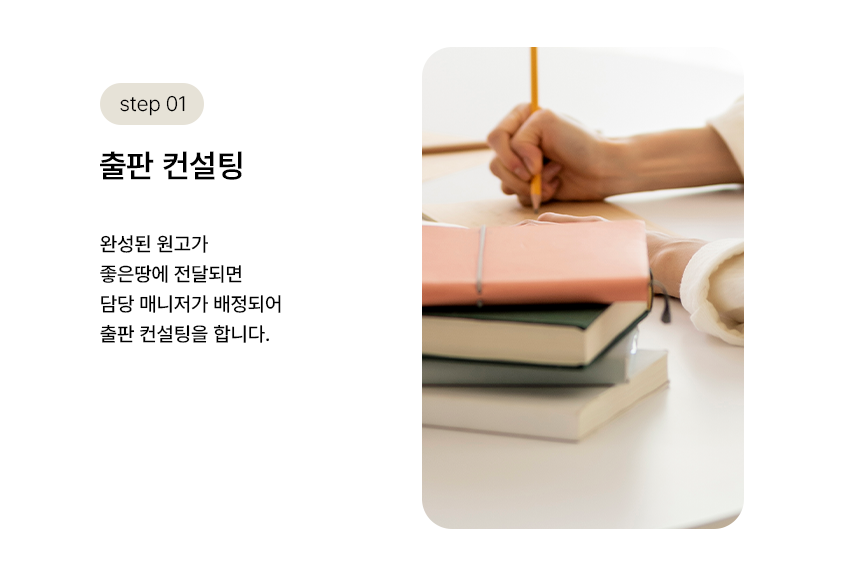 step 01. 출판 컨설팅 | 완성된 원고가 좋은땅에 전달되면 담당 매니저가 배정되어 출판 컨실팅을 합니다.